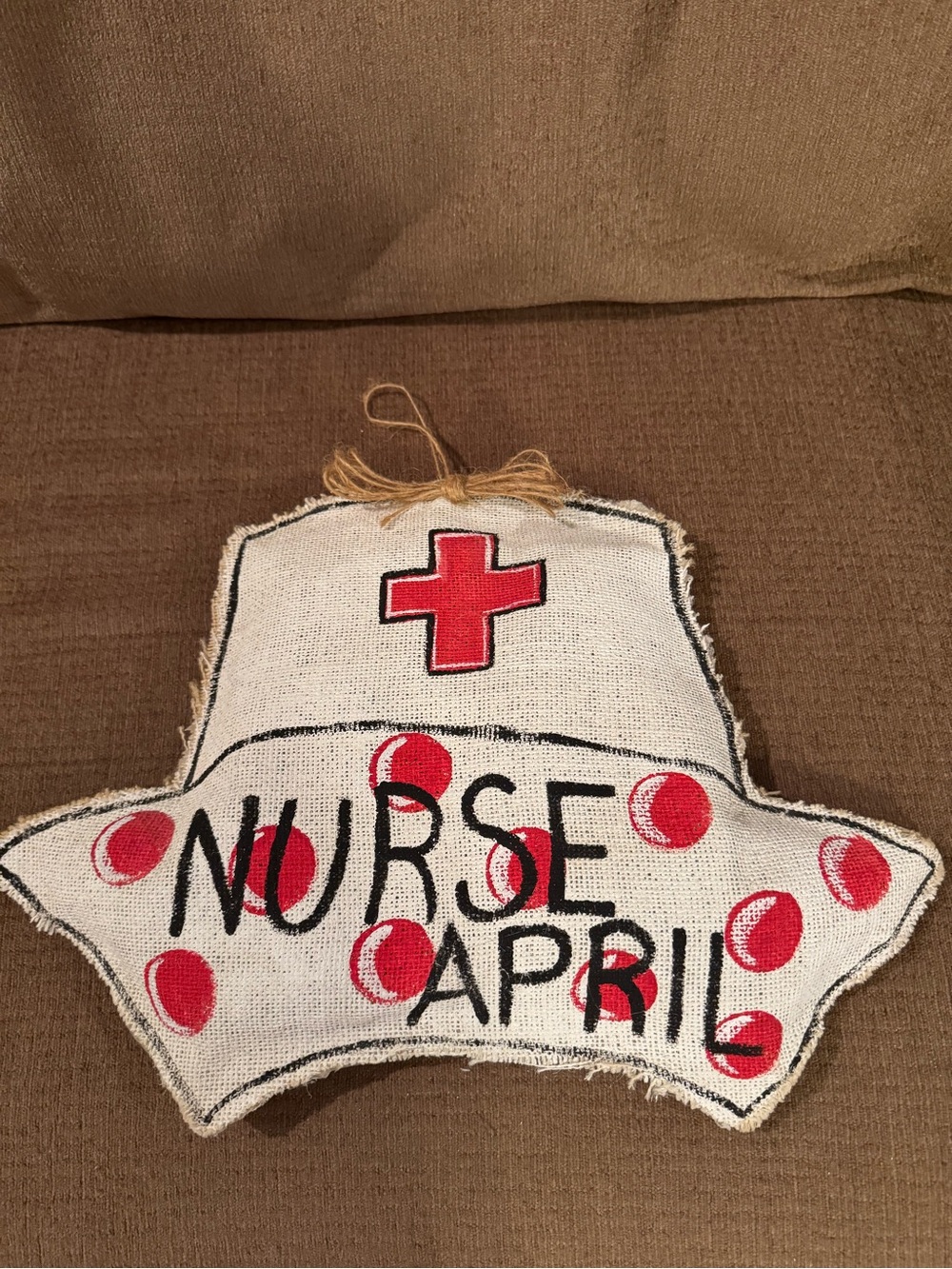Handmade Nurse Cap Burlap Door Hanger - Red Polka Dot